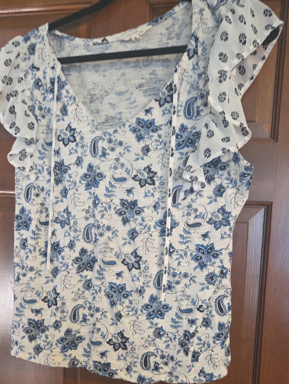 Lucky Brand Blue and White Floral Ruffle Tie Neck Camisole